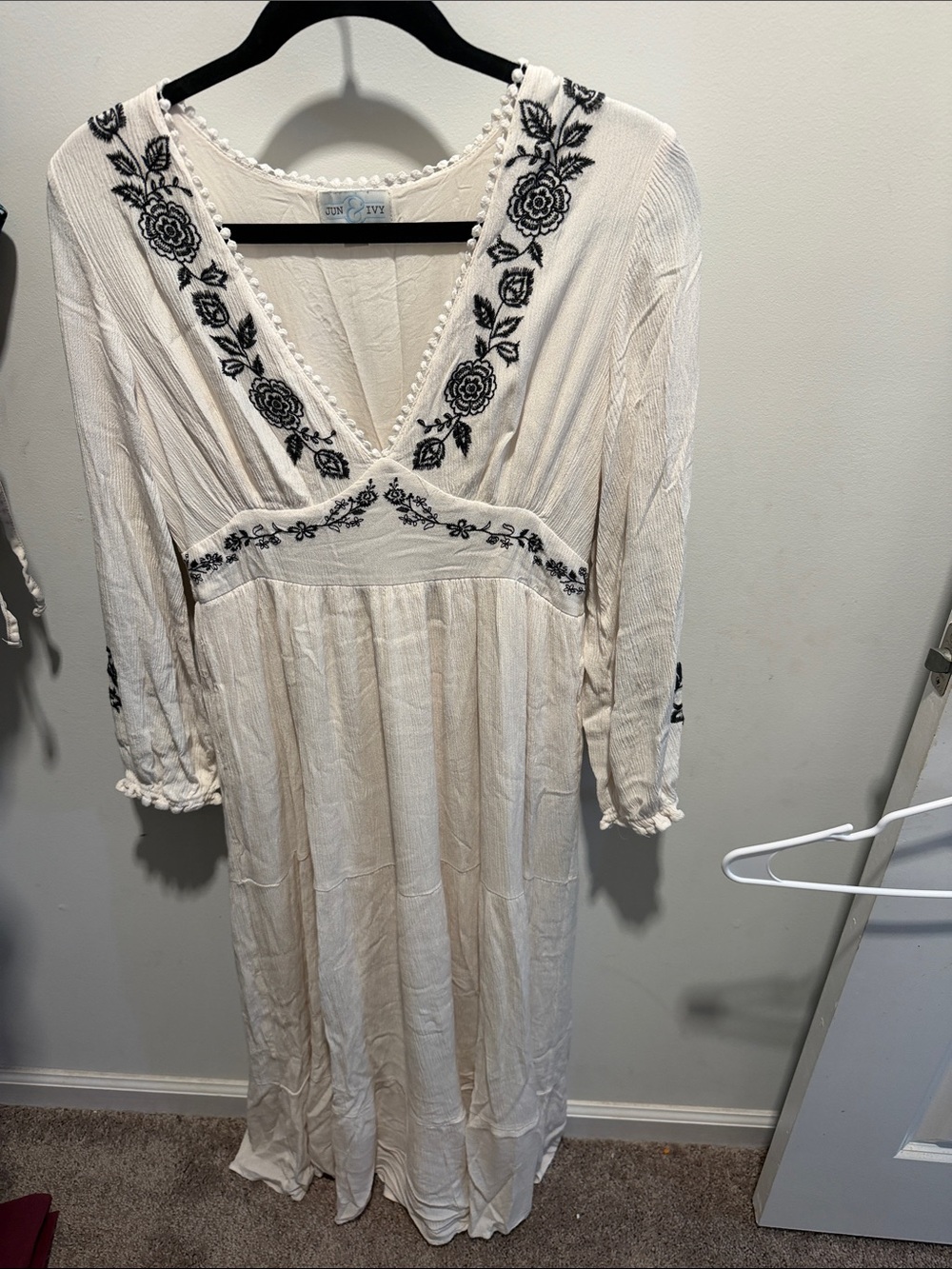 Boho V-Neck Embroidered Maxi Dress in Ivory with Black Trim